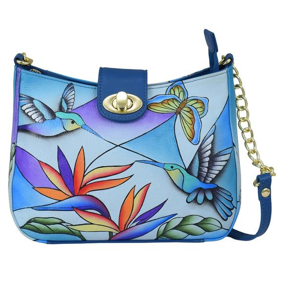 Orinal Hand Leather Small Crossbody-Bird Glass Painting Blue o_o